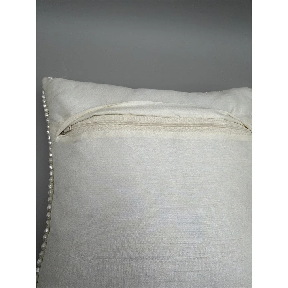 Ivory Pearl Beaded Accent Pillows 2 Fringe 11x11 Glam Hollywood Regency Decor *